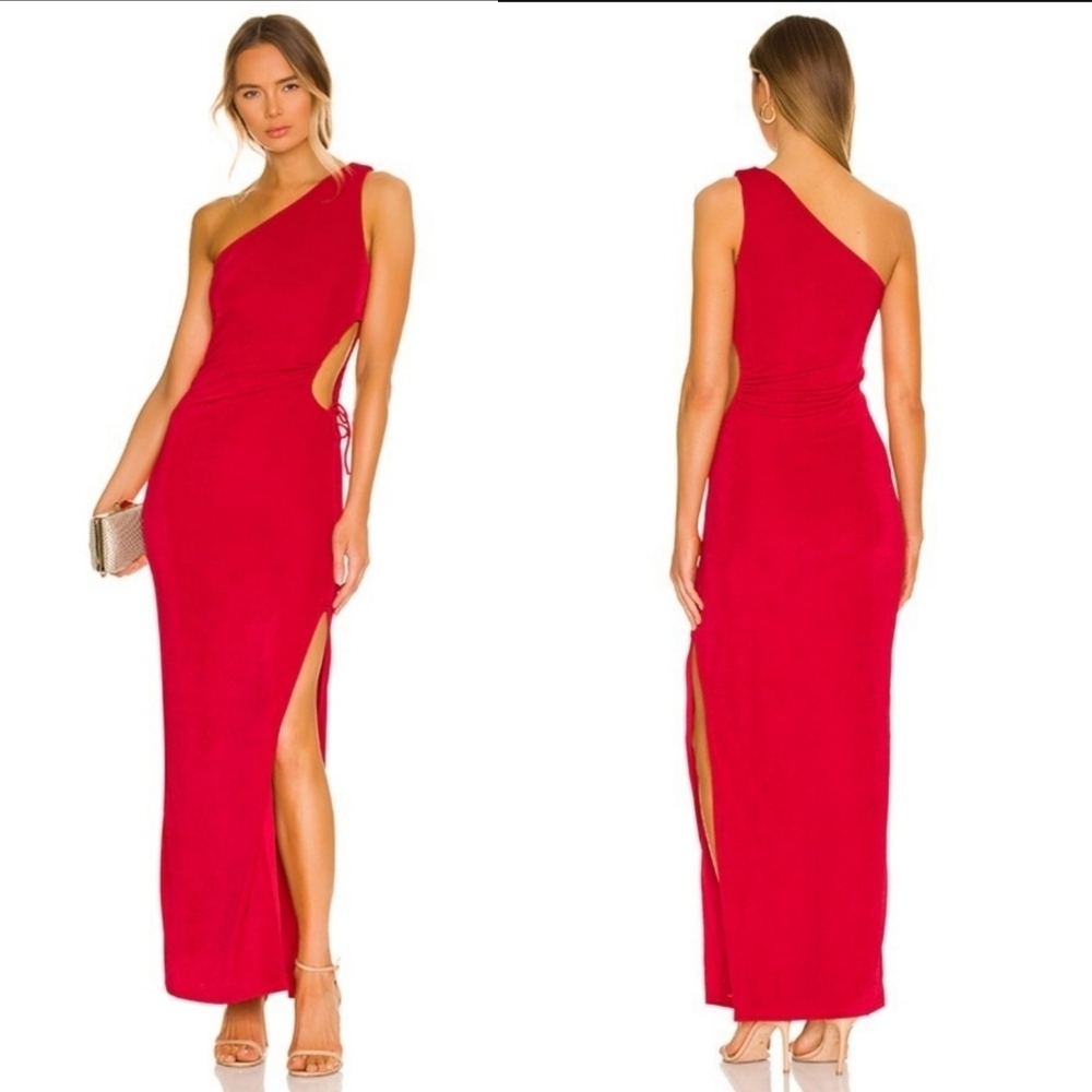 superdown Asymmetric One-Shoulder Red Midi Dress with Side Slit